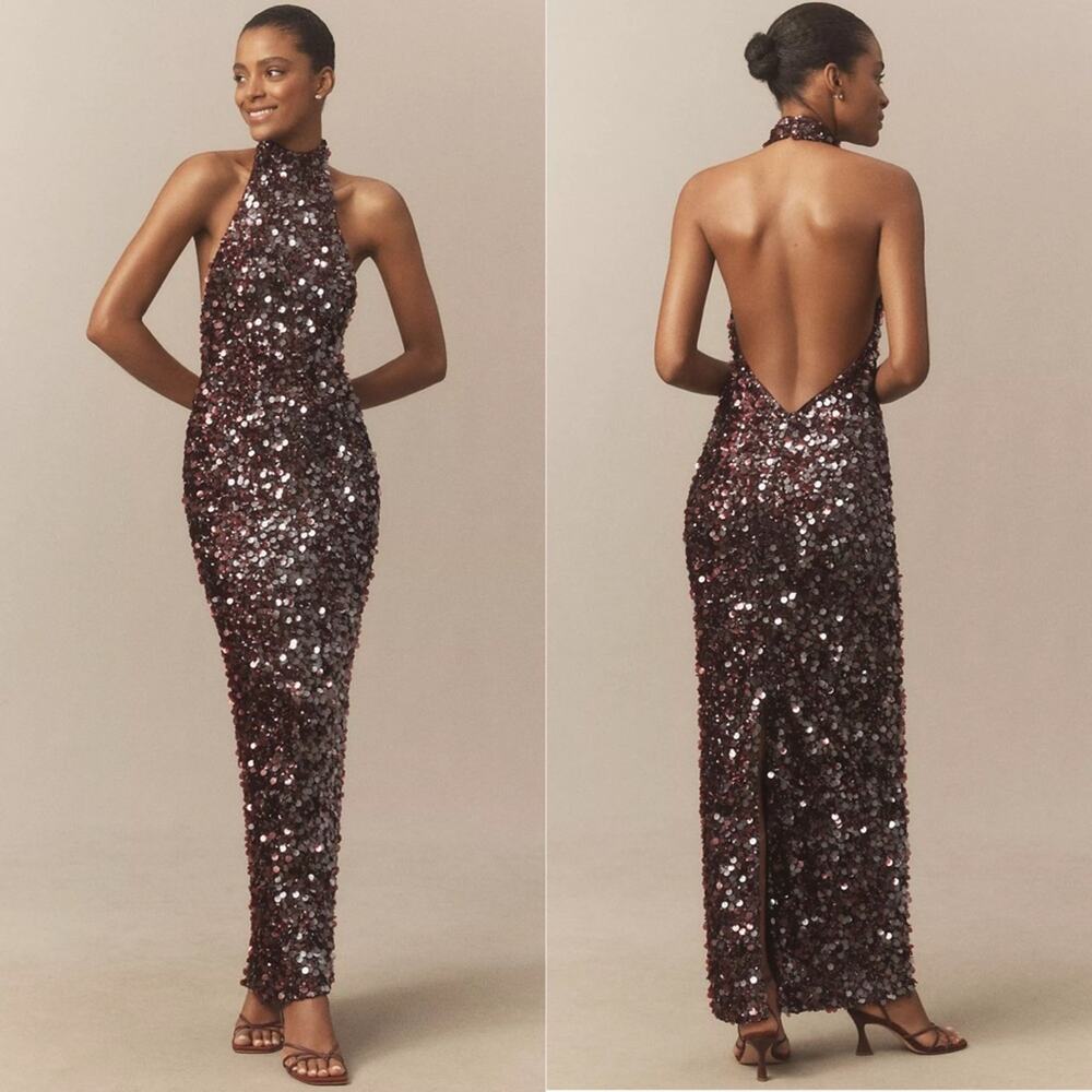 Helsi Louisa Mock-Neck Halter Stretch Sequin Maxi Dress